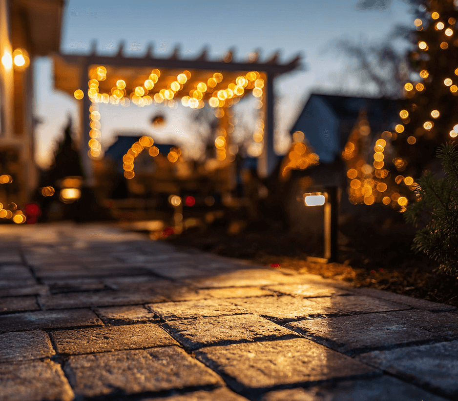 Elegant outdoor lighting creating a warm holiday ambiance