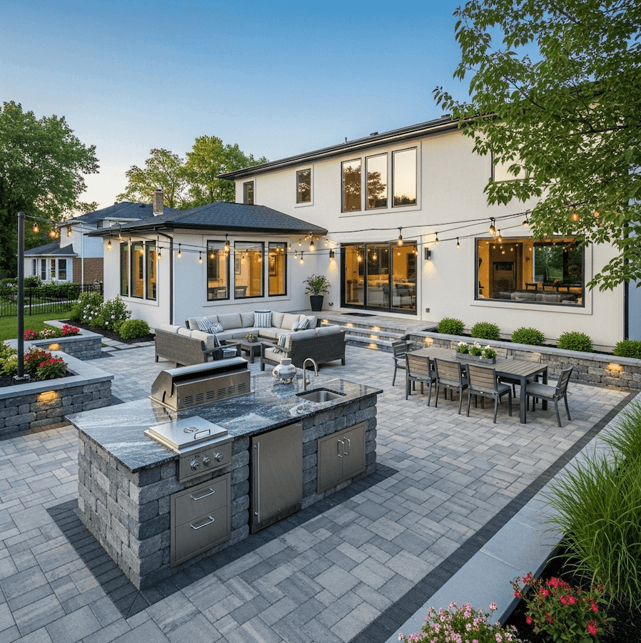 A beautiful outdoor kitchen on a paver patio.